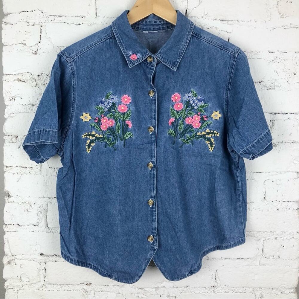 Vintage Denim Floral Embroidered Tie Back Button Up